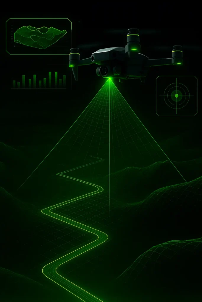 Drone scanning terrain with green laser.